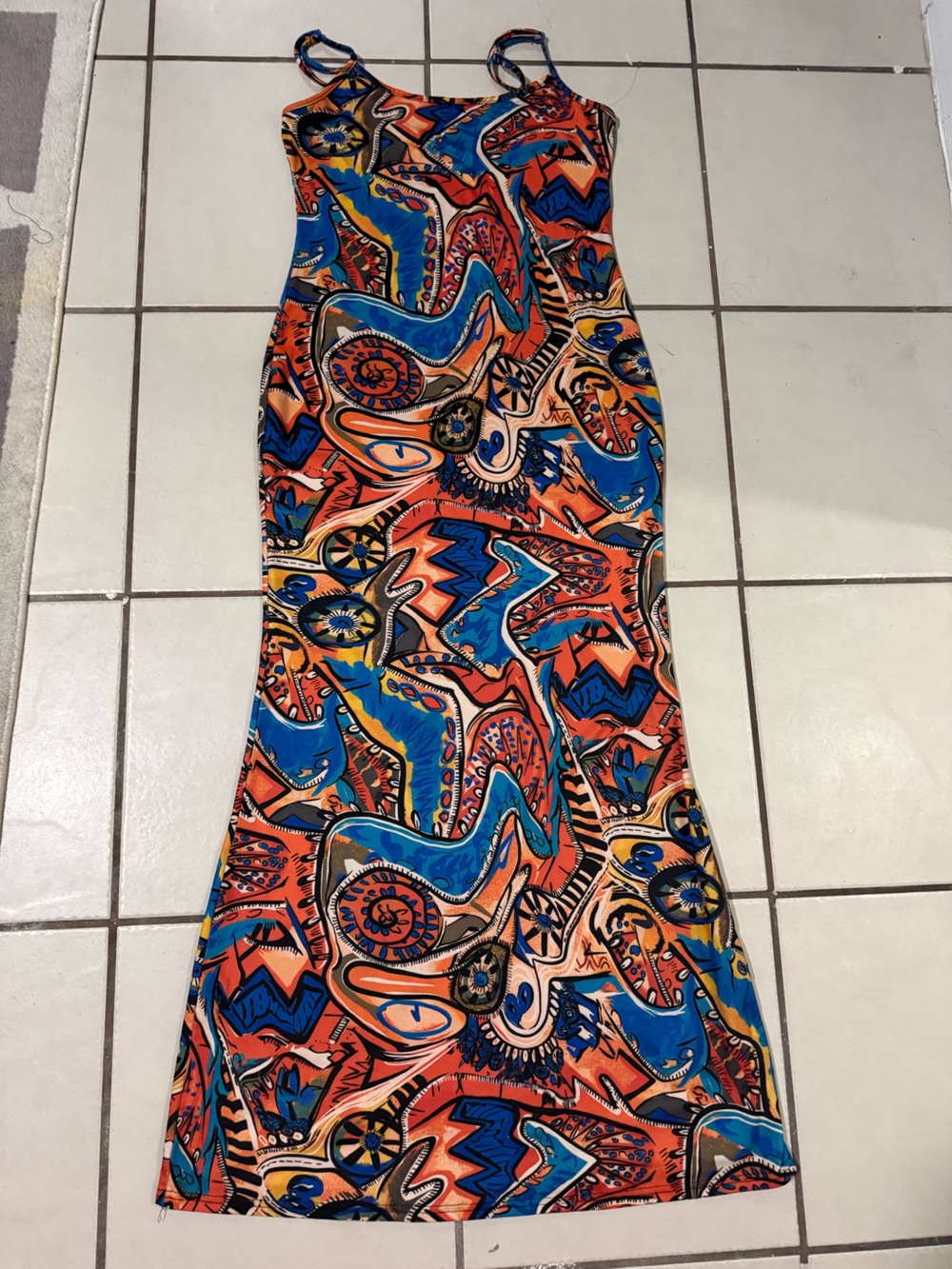 Women’s stretchy smooth Maxi dress in a Vibrant Orange & Blue Print Sz L